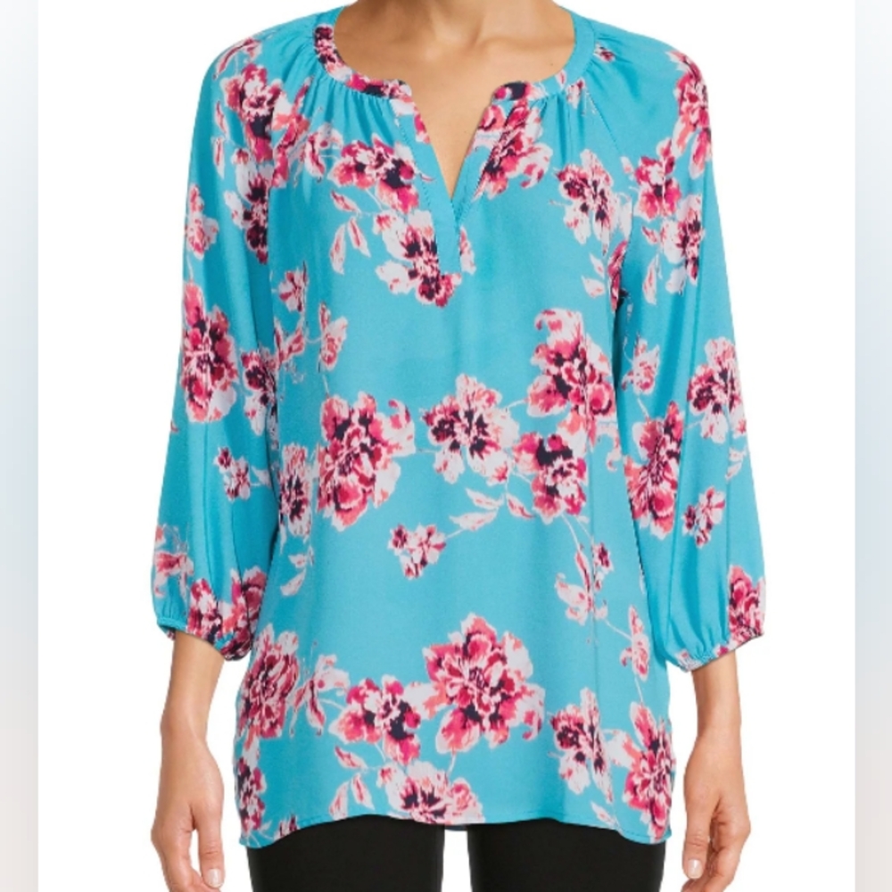 Pullover Top Peasant Split Neckline Blouse 3/4 Length Raglan Sleeves Sz S
